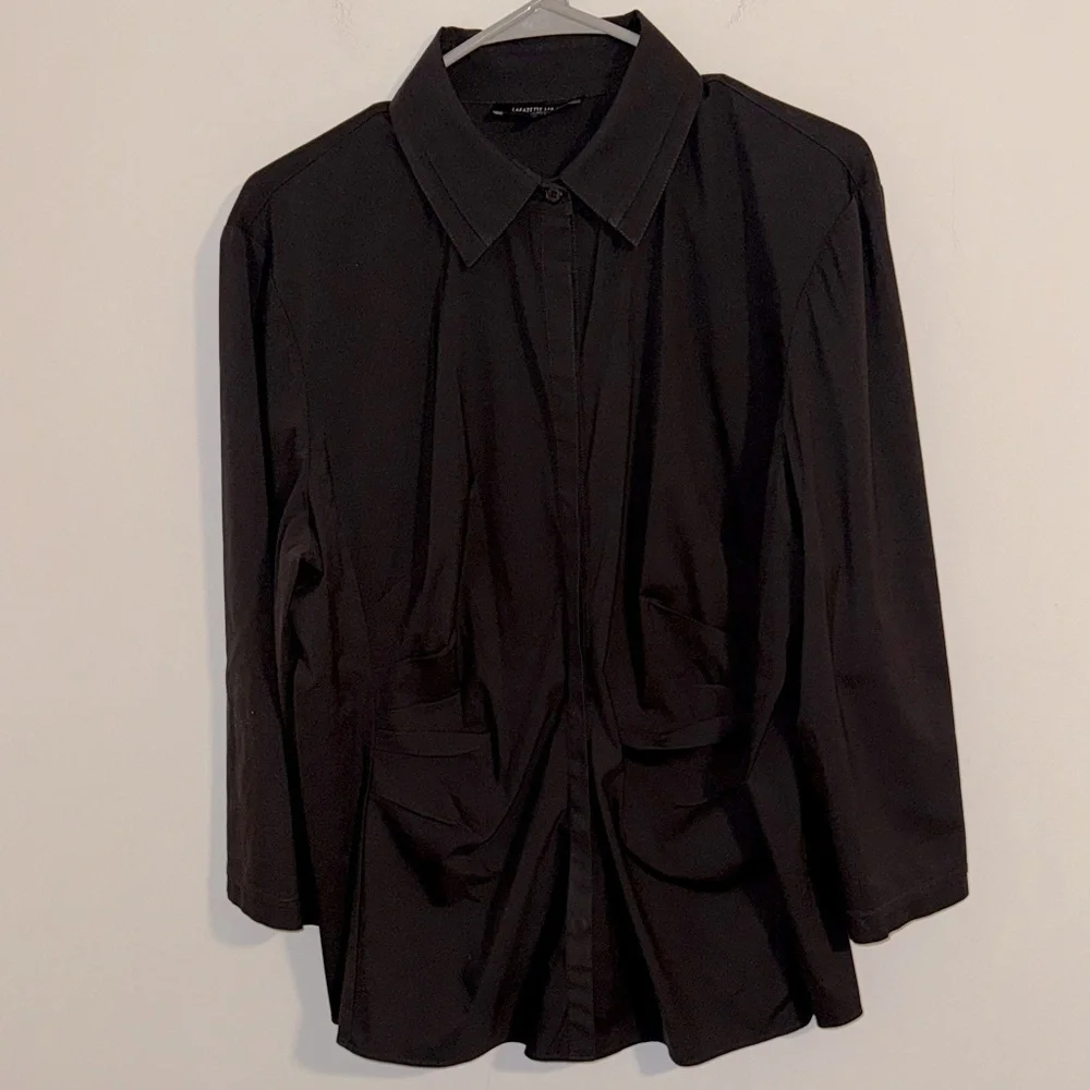 Lafayette 148 New York black ruched gathered waist 3/4 sleeve button down blouse - Picture 2 of 6